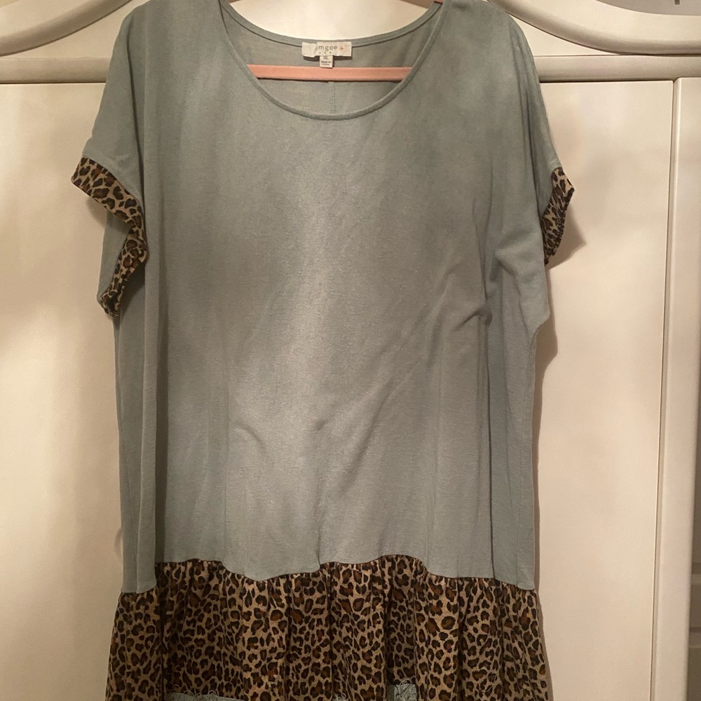 Umgee Green and Brown Short Sleeve Boxy Blouse